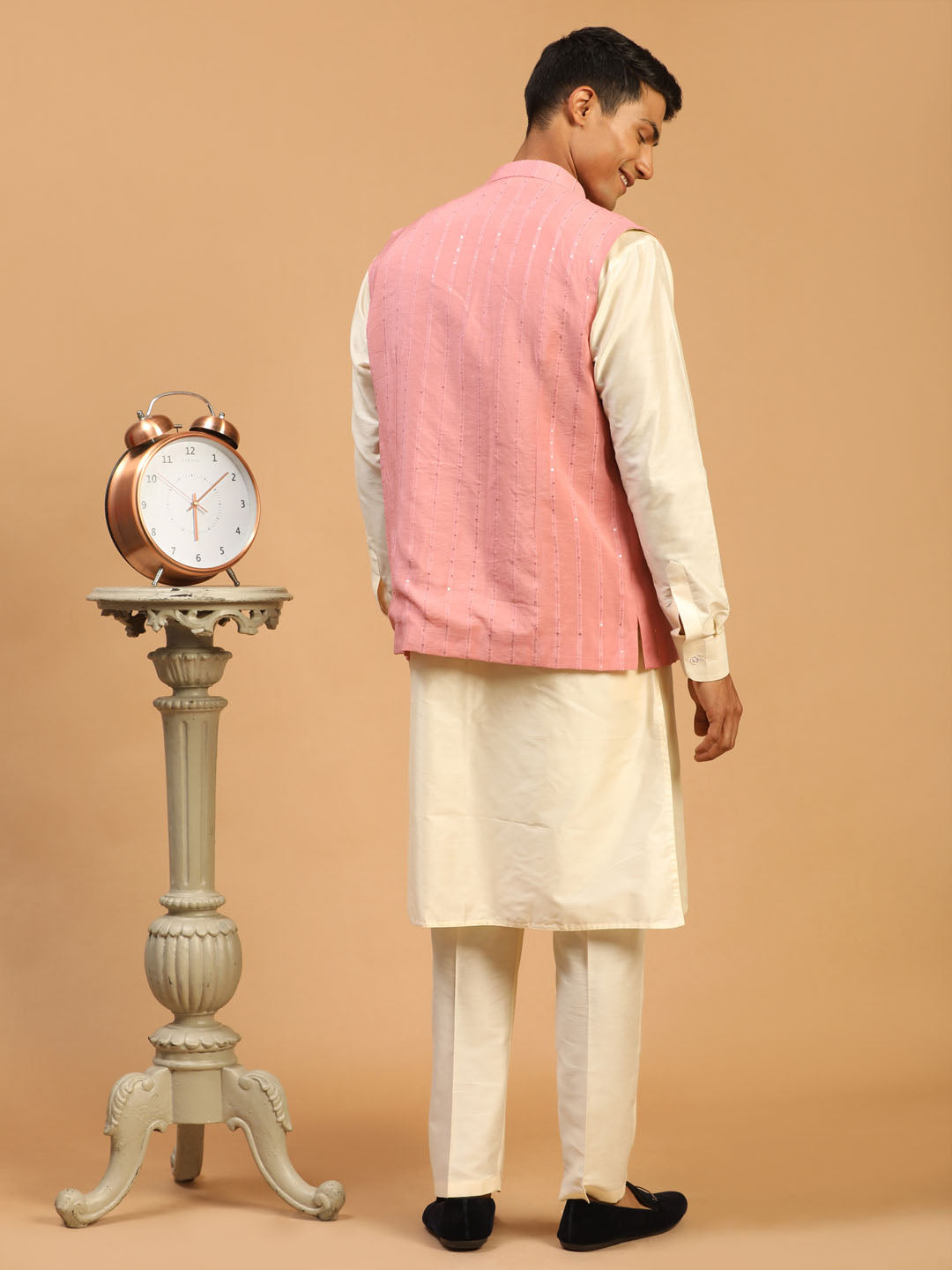 Men's Pink And Cream Cotton Blend Jacket, Kurta and Pyjama Set