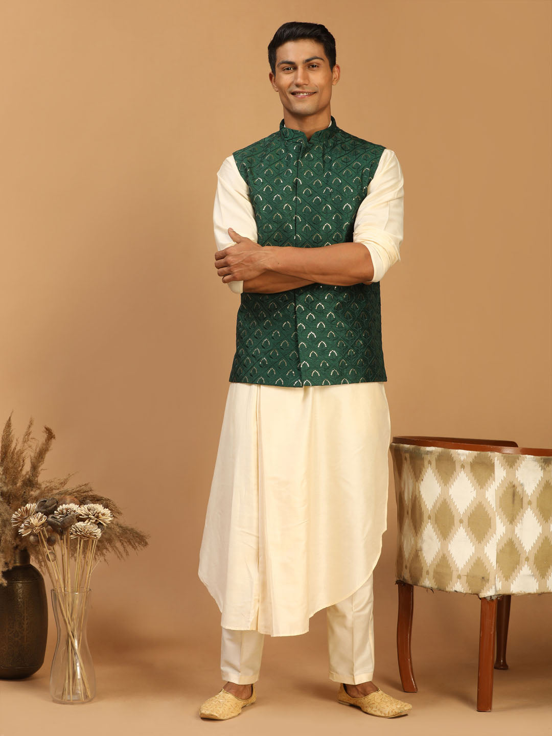 Men's Cream And Green Cotton Blend Jacket, Kurta & Pyjama