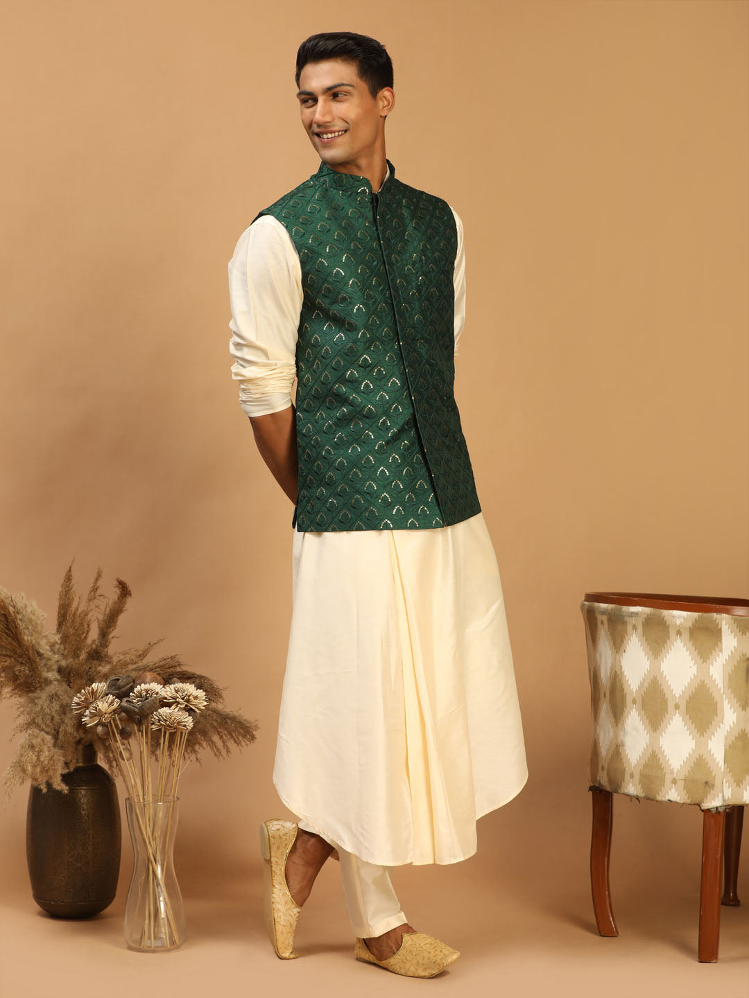 Men's Cream And Green Cotton Blend Jacket, Kurta & Pyjama