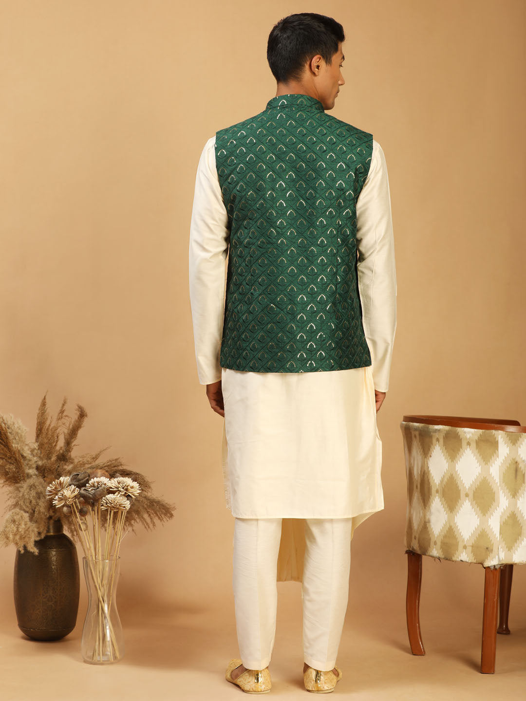 Men's Cream And Green Cotton Blend Jacket, Kurta & Pyjama