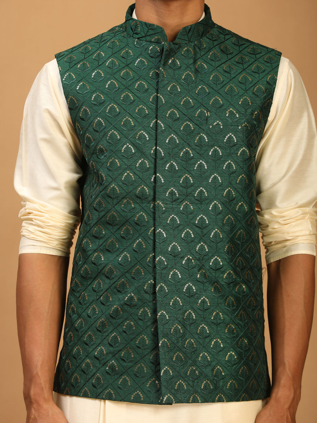 Men's Cream And Green Cotton Blend Jacket, Kurta & Pyjama