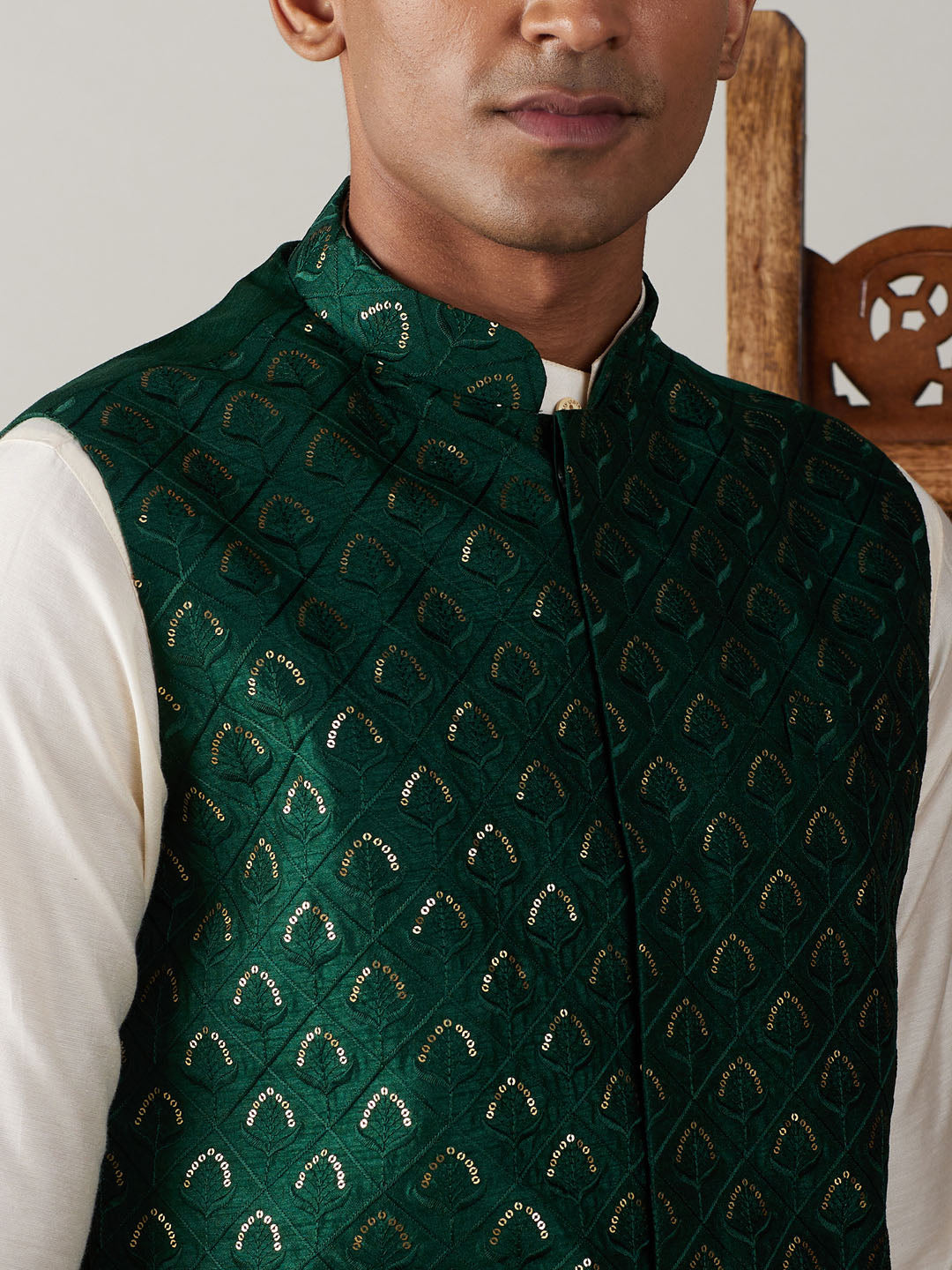 Men's Cream And Green Cotton Blend Jacket, Kurta & Pyjama