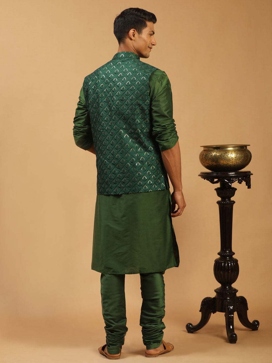 Men's Green Silk Blend Jacket, Kurta & Pyjama