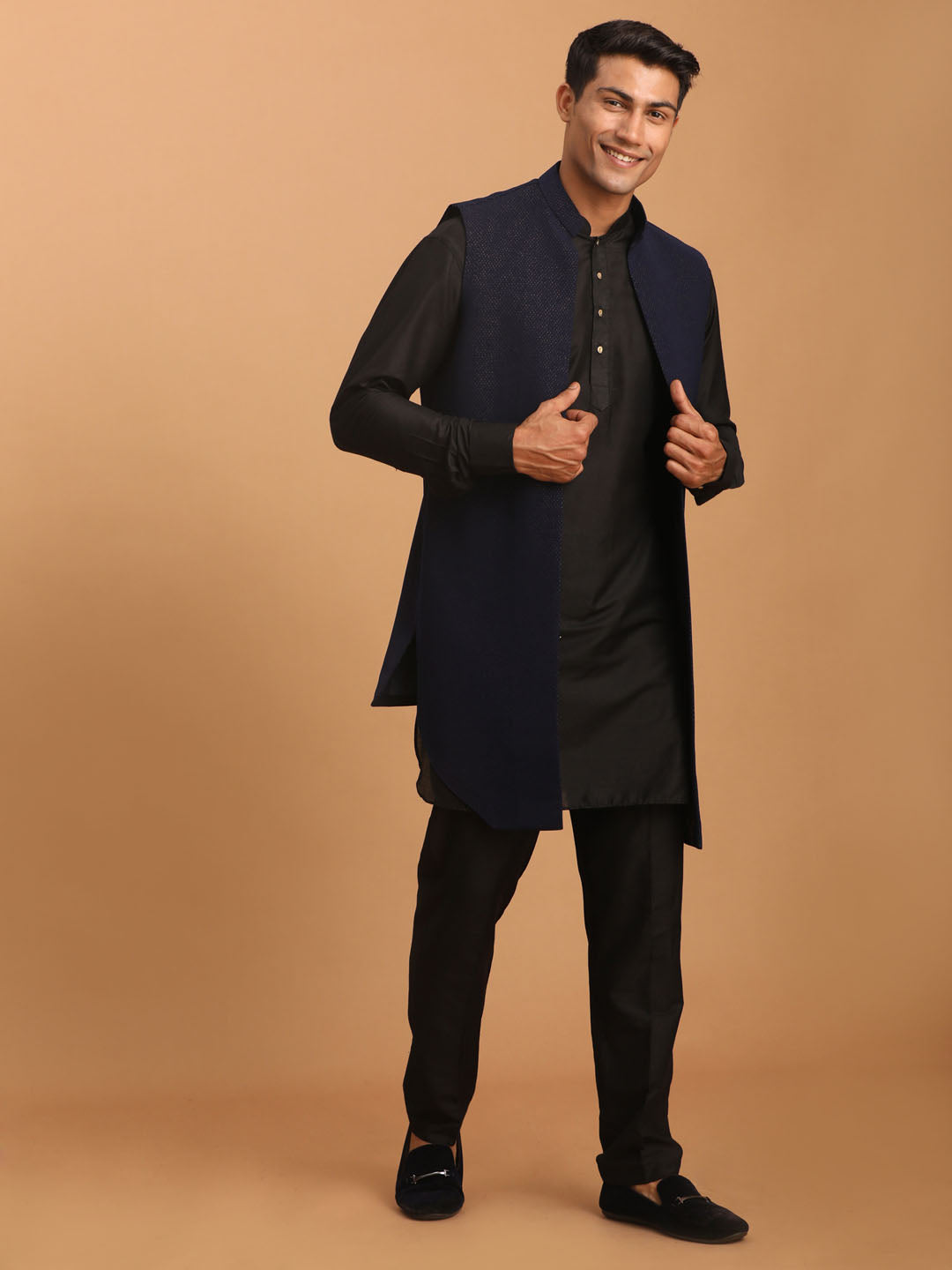 Men's Navy Blue And Black Viscose Jacket, Kurta and Pyjama Set