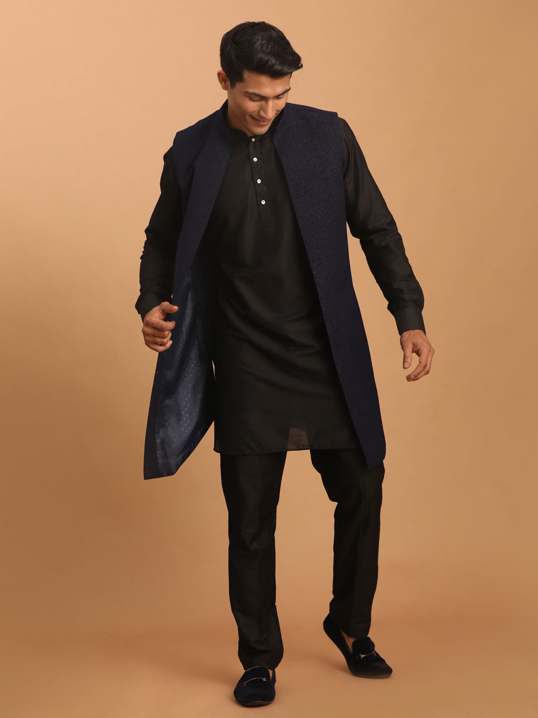 Men's Navy Blue And Black Viscose Jacket, Kurta and Pyjama Set