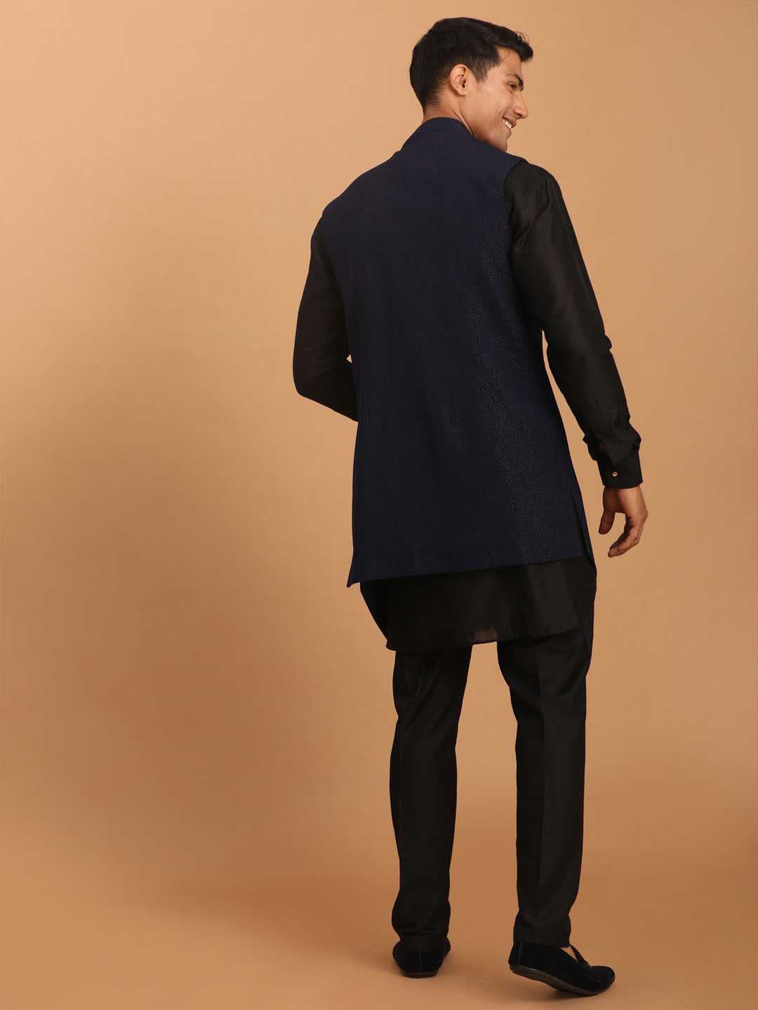 Men's Navy Blue And Black Viscose Jacket, Kurta and Pyjama Set