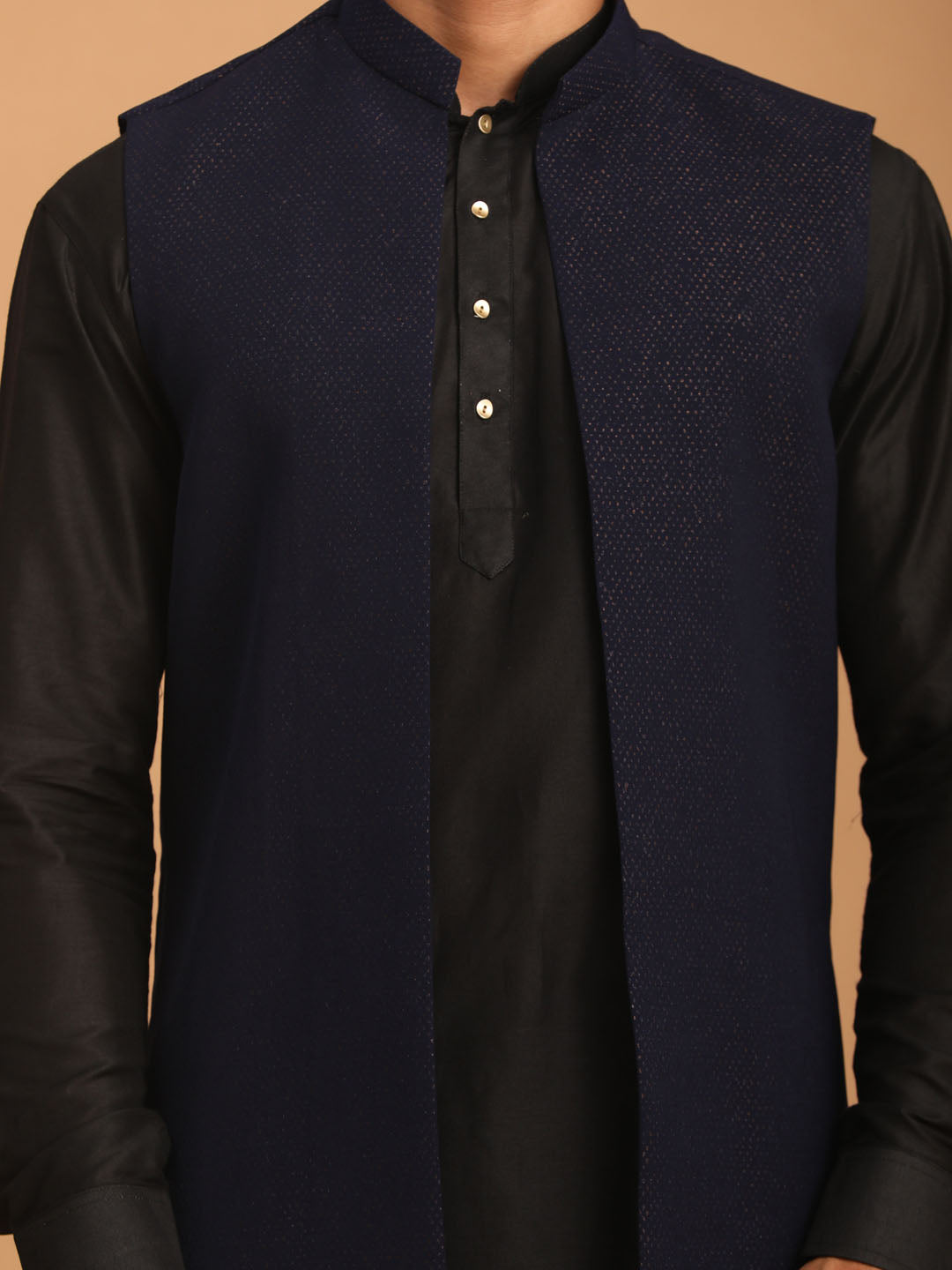 Men's Navy Blue And Black Viscose Jacket, Kurta and Pyjama Set