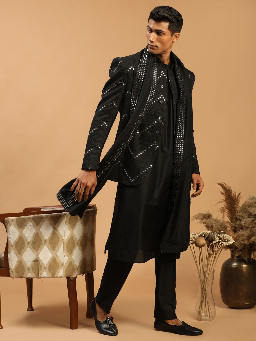 Men's Black Viscose Ethnic Combo Set