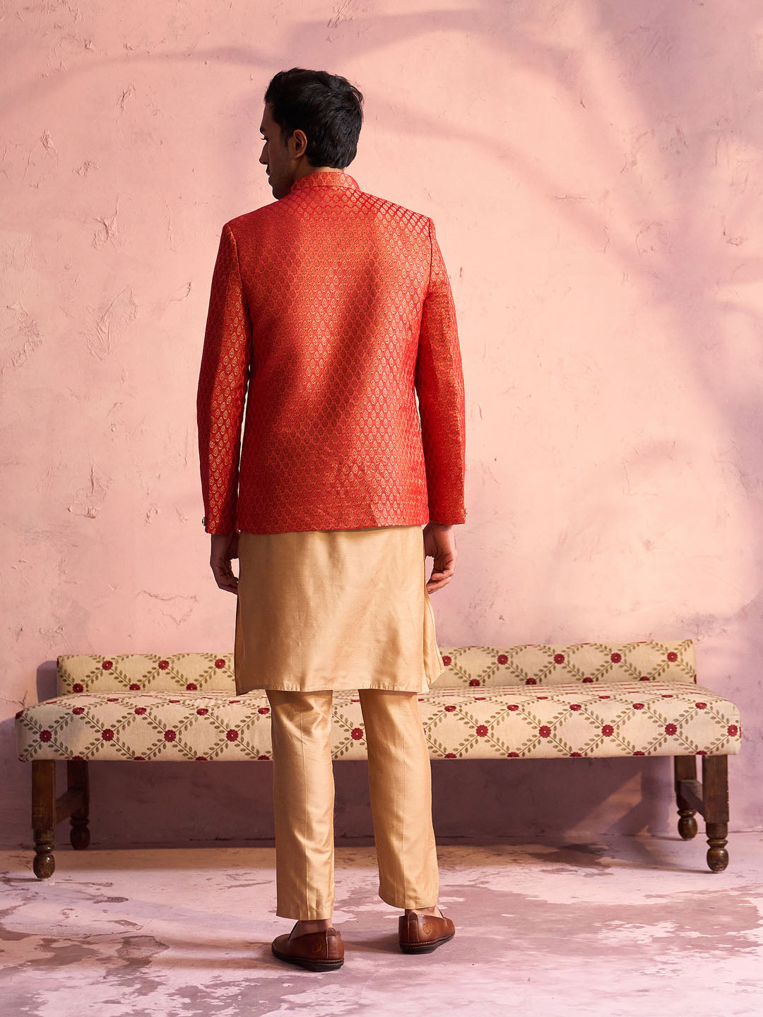 Men's Rose Gold And Red Viscose Jacket, Kurta and Pyjama Set