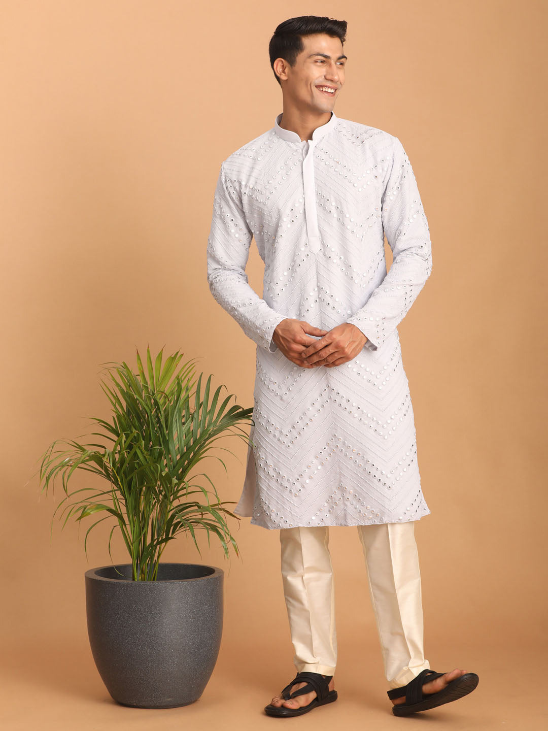 Men's Aqua And Cream Georgette Kurta Pyjama Set