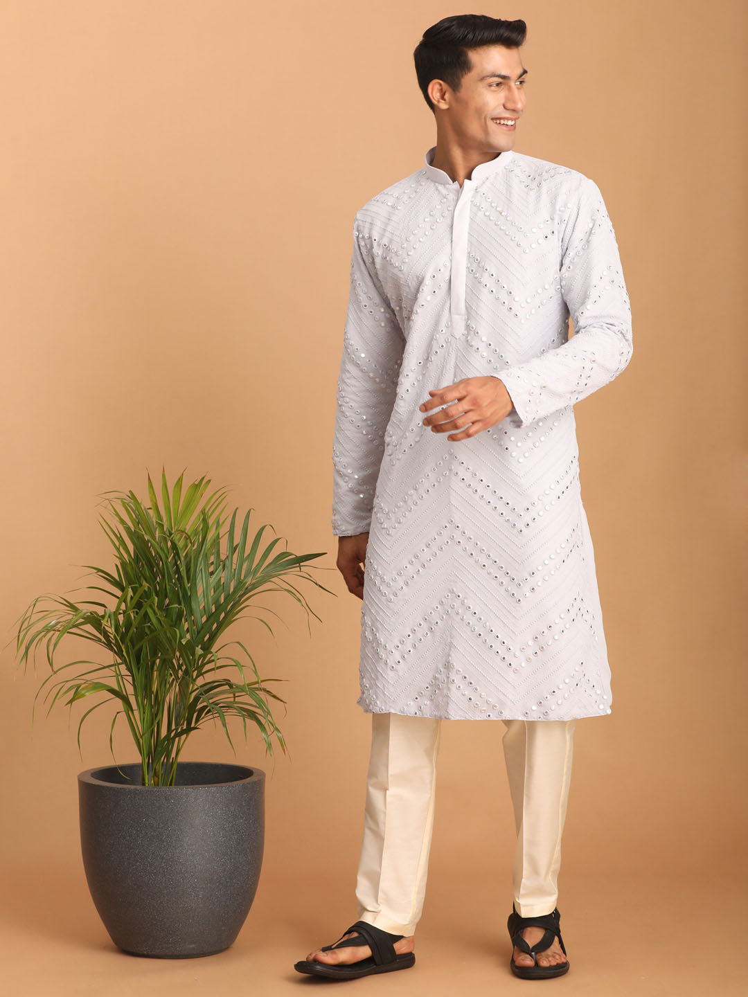 Men's Aqua And Cream Georgette Kurta Pyjama Set