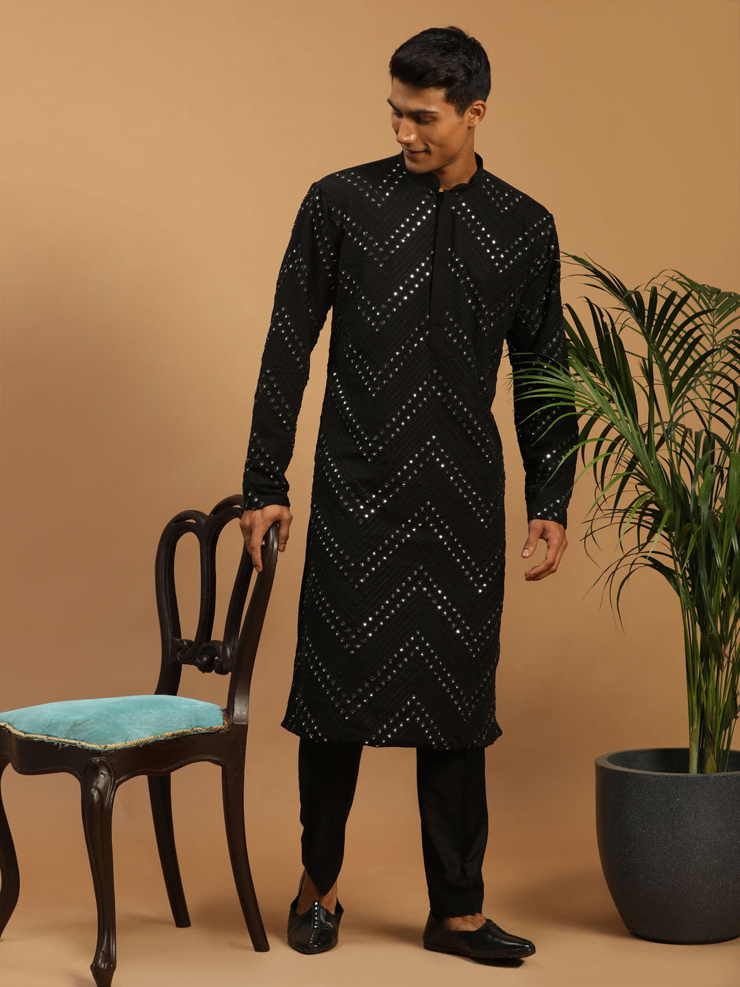 Men's Black Georgette Kurta Pyjama Set