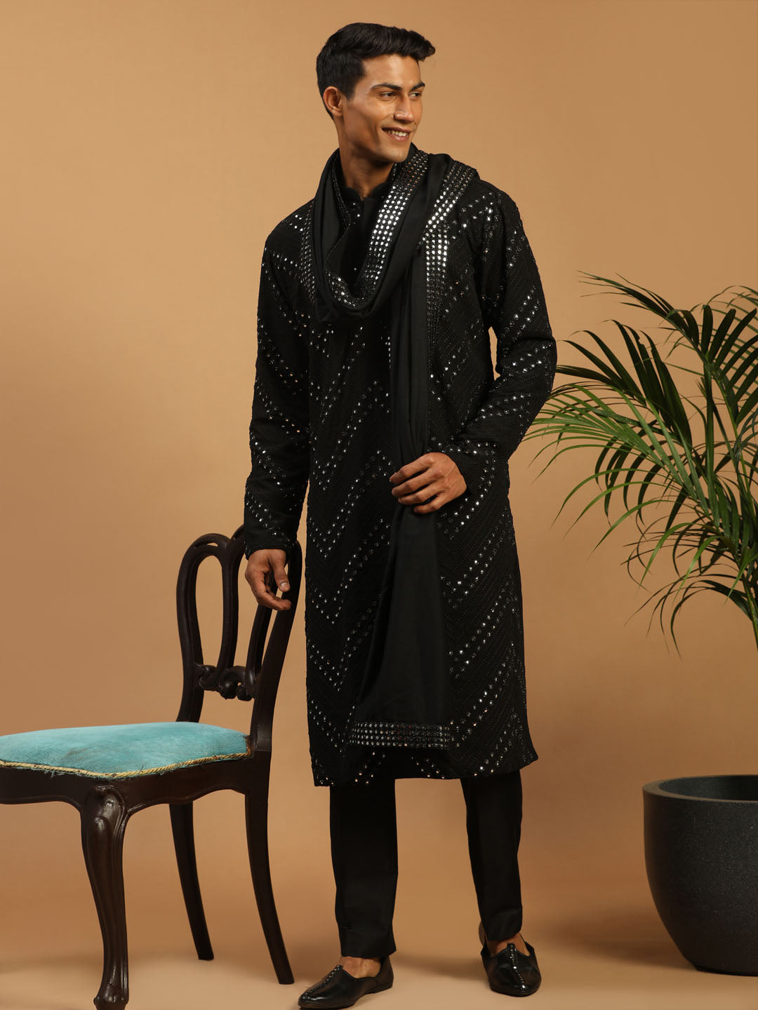 Men's Black Georgette Kurta Pyjama Set