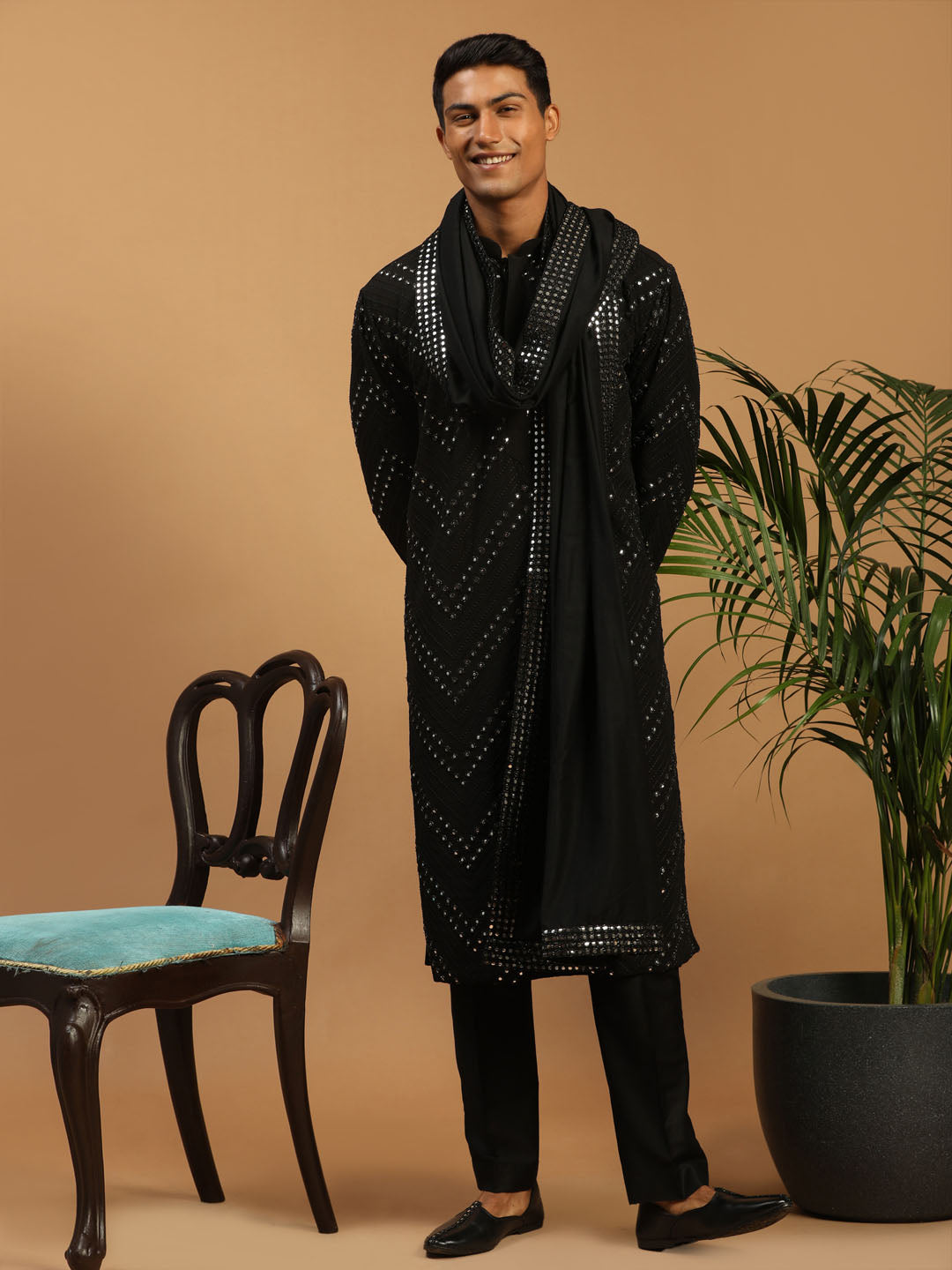 Men's Black Georgette Kurta Pyjama Set