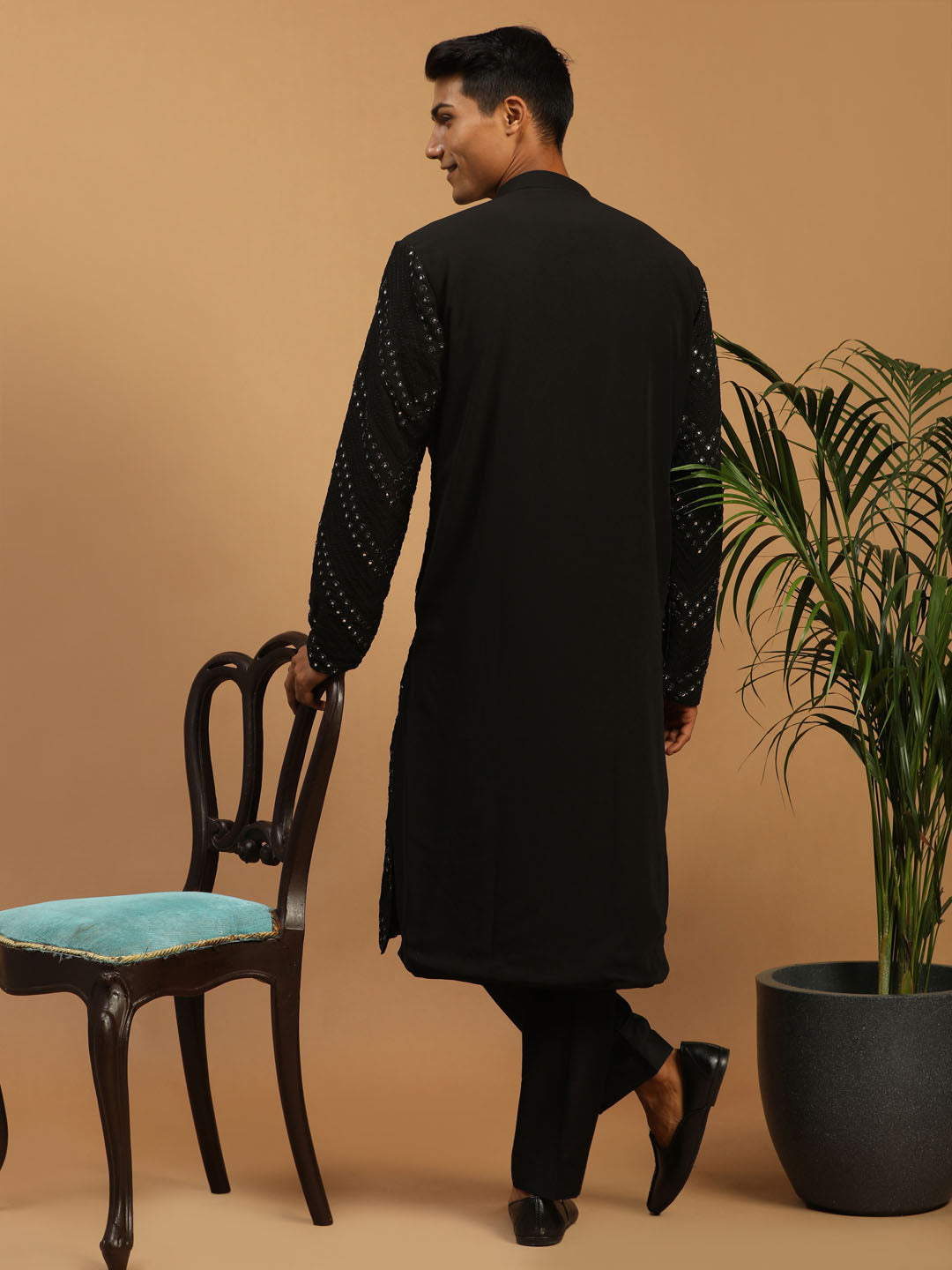 Men's Black Georgette Kurta Pyjama Set