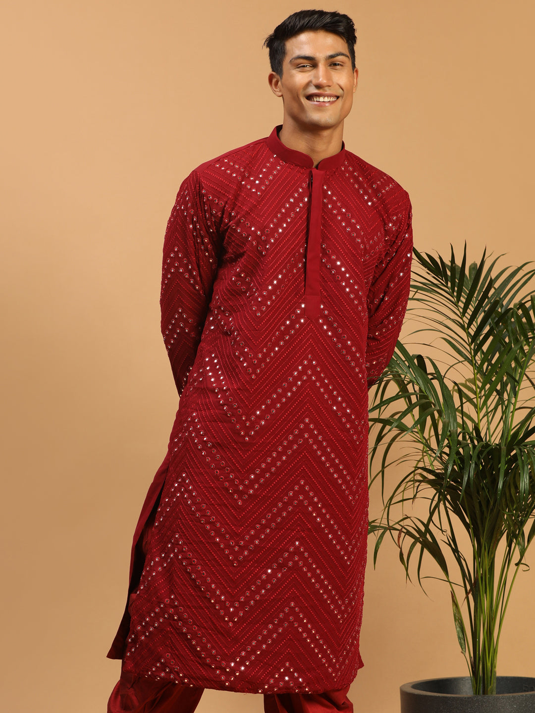 Men's Maroon Georgette Kurta Pyjama Set