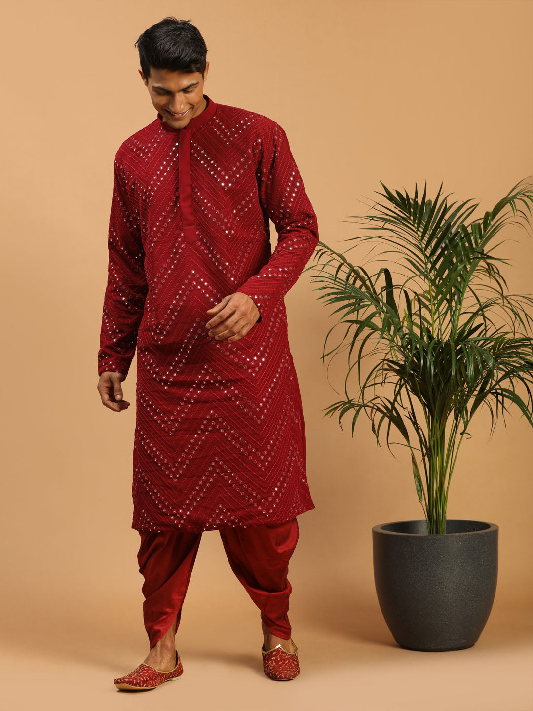 Men's Maroon Georgette Kurta Pyjama Set