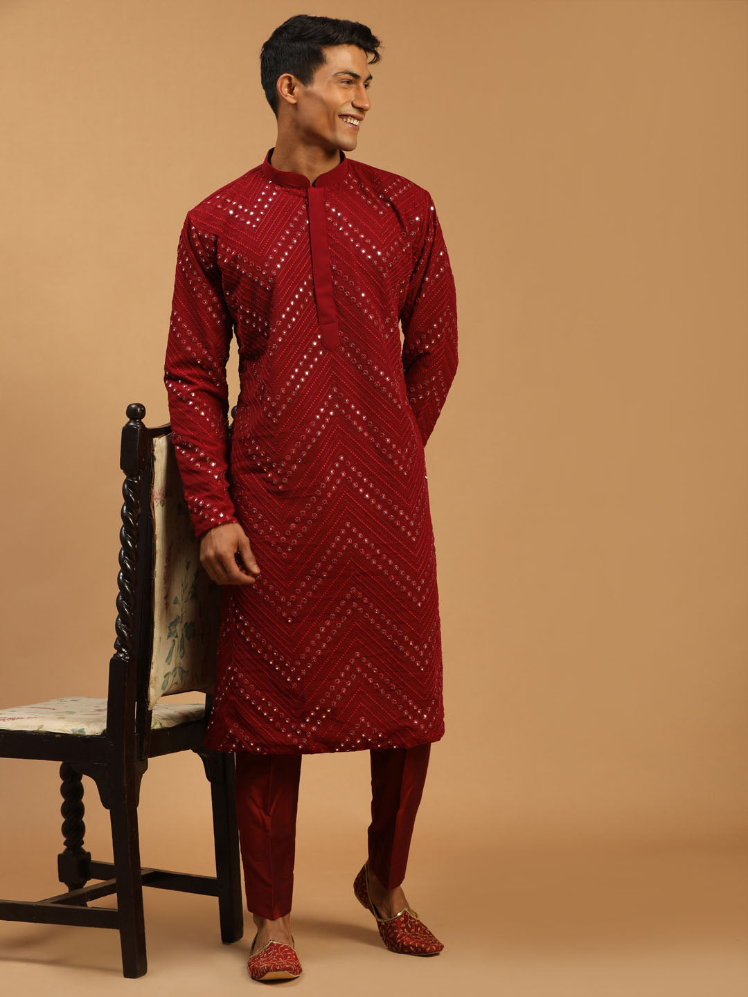 Men's Maroon Georgette Kurta Pyjama Set