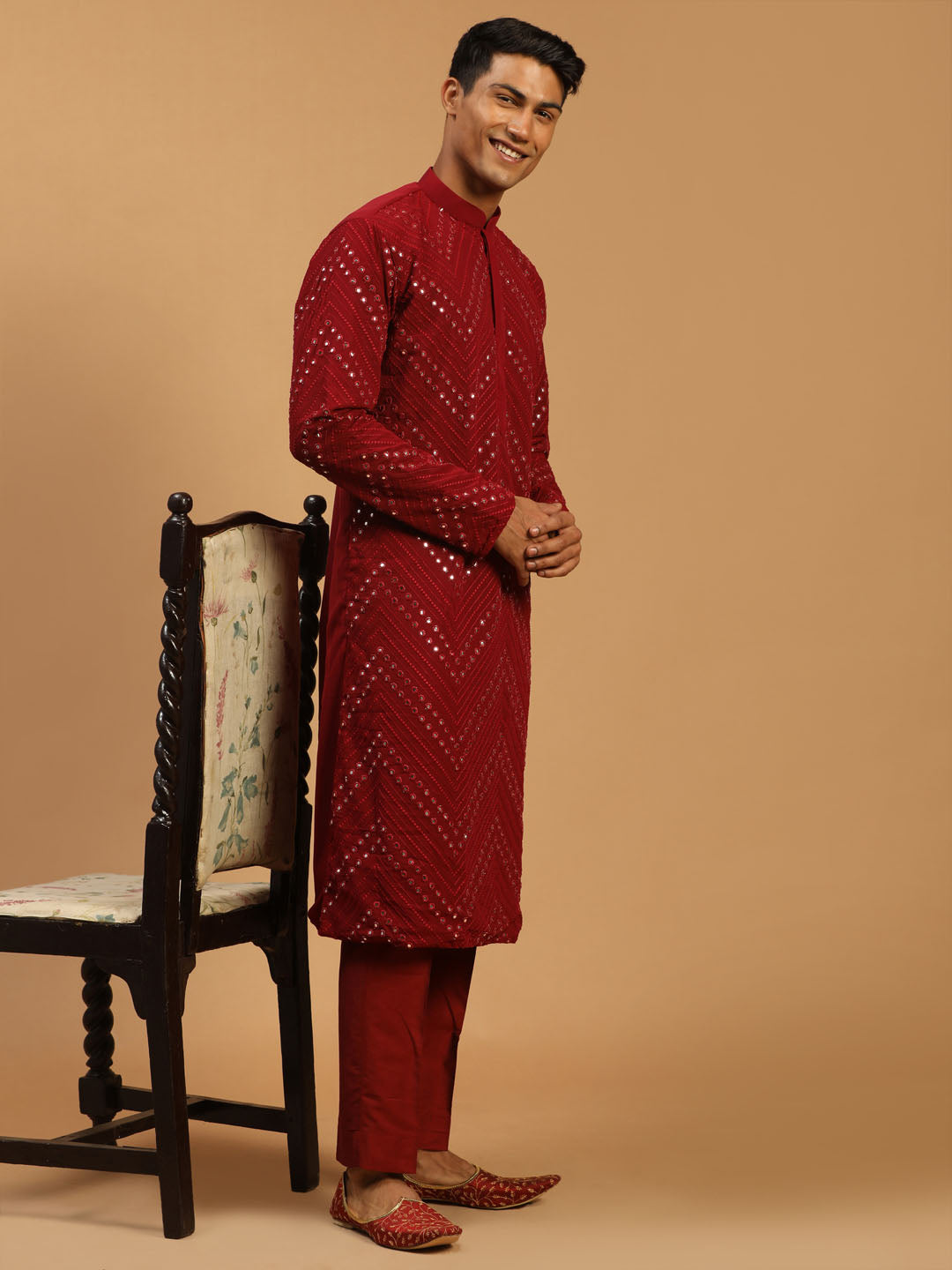 Men's Maroon Georgette Kurta Pyjama Set