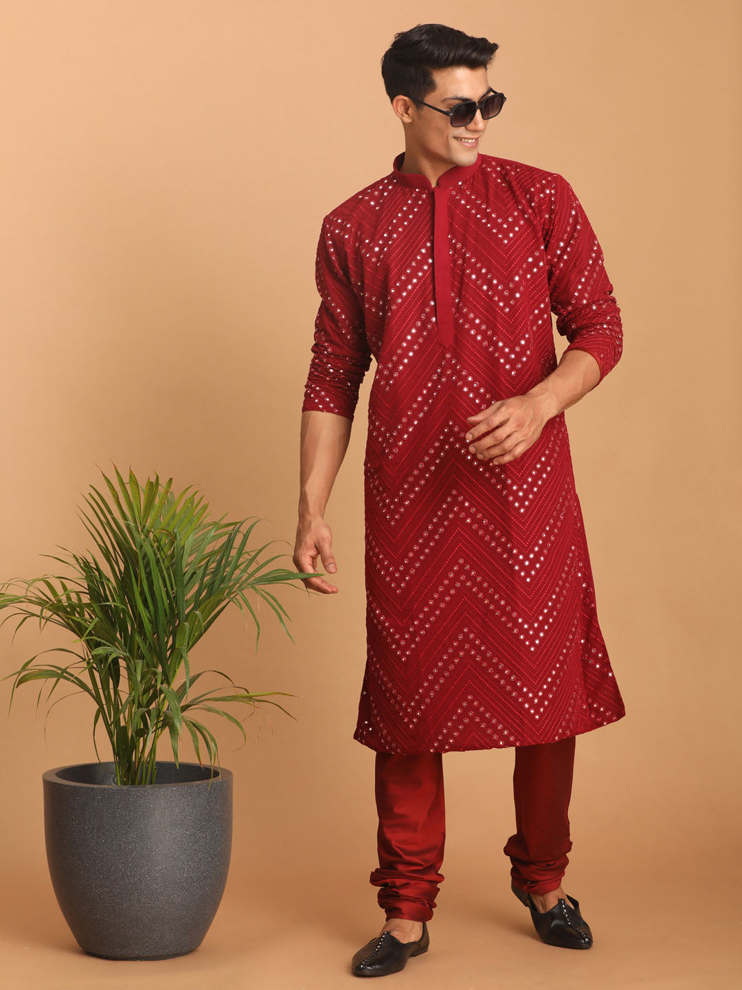 Men's Maroon Georgette Kurta Pyjama Set