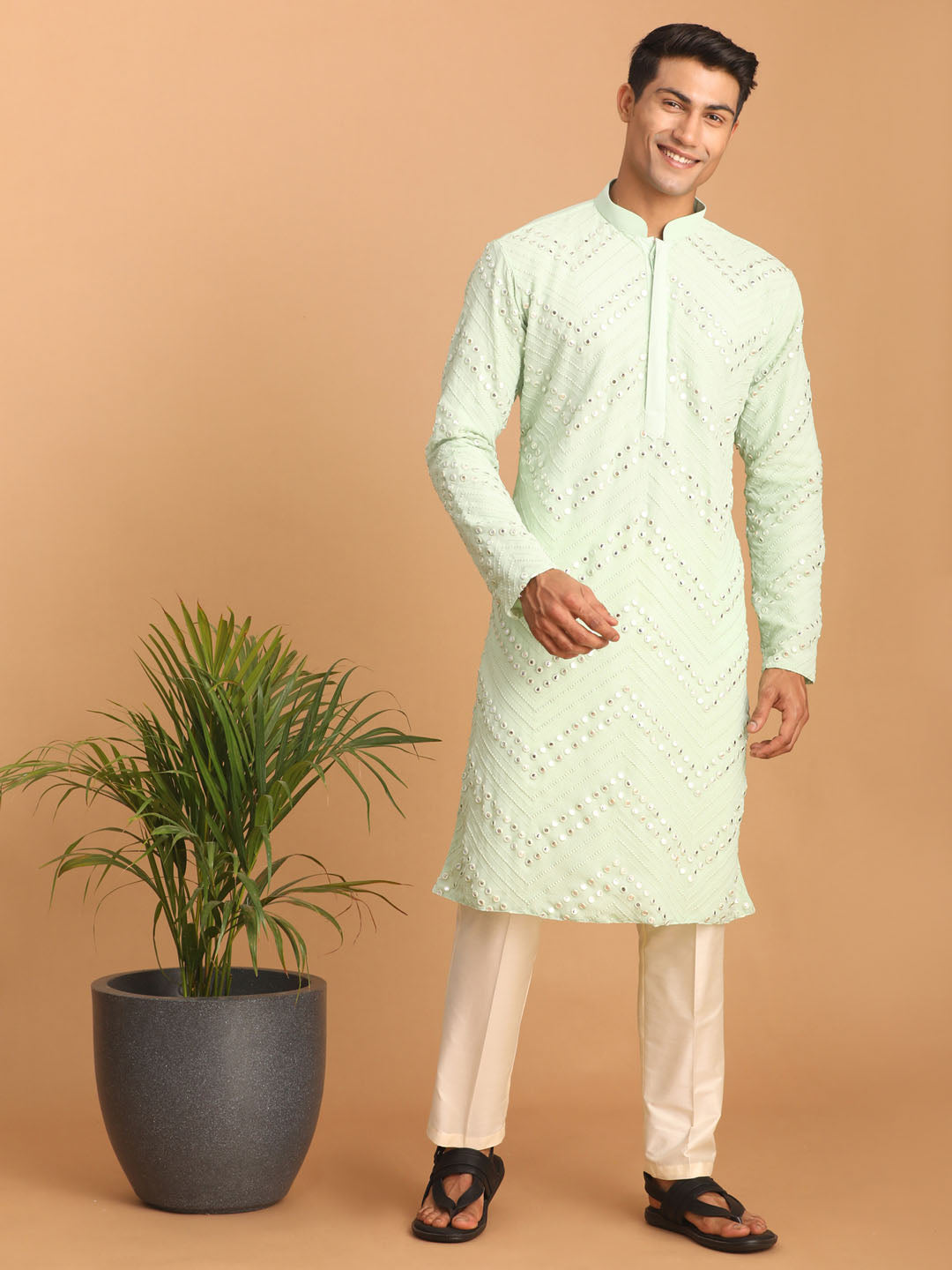 Men's Mint green And Cream Georgette Kurta Pyjama Set