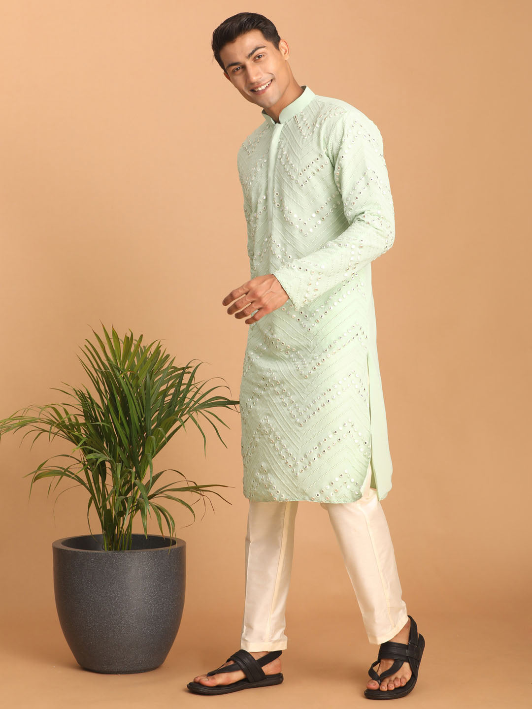 Men's Mint green And Cream Georgette Kurta Pyjama Set