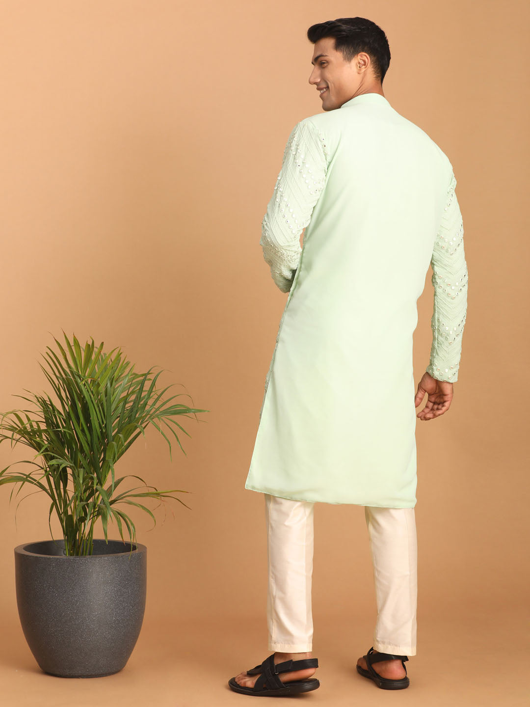 Men's Mint green And Cream Georgette Kurta Pyjama Set