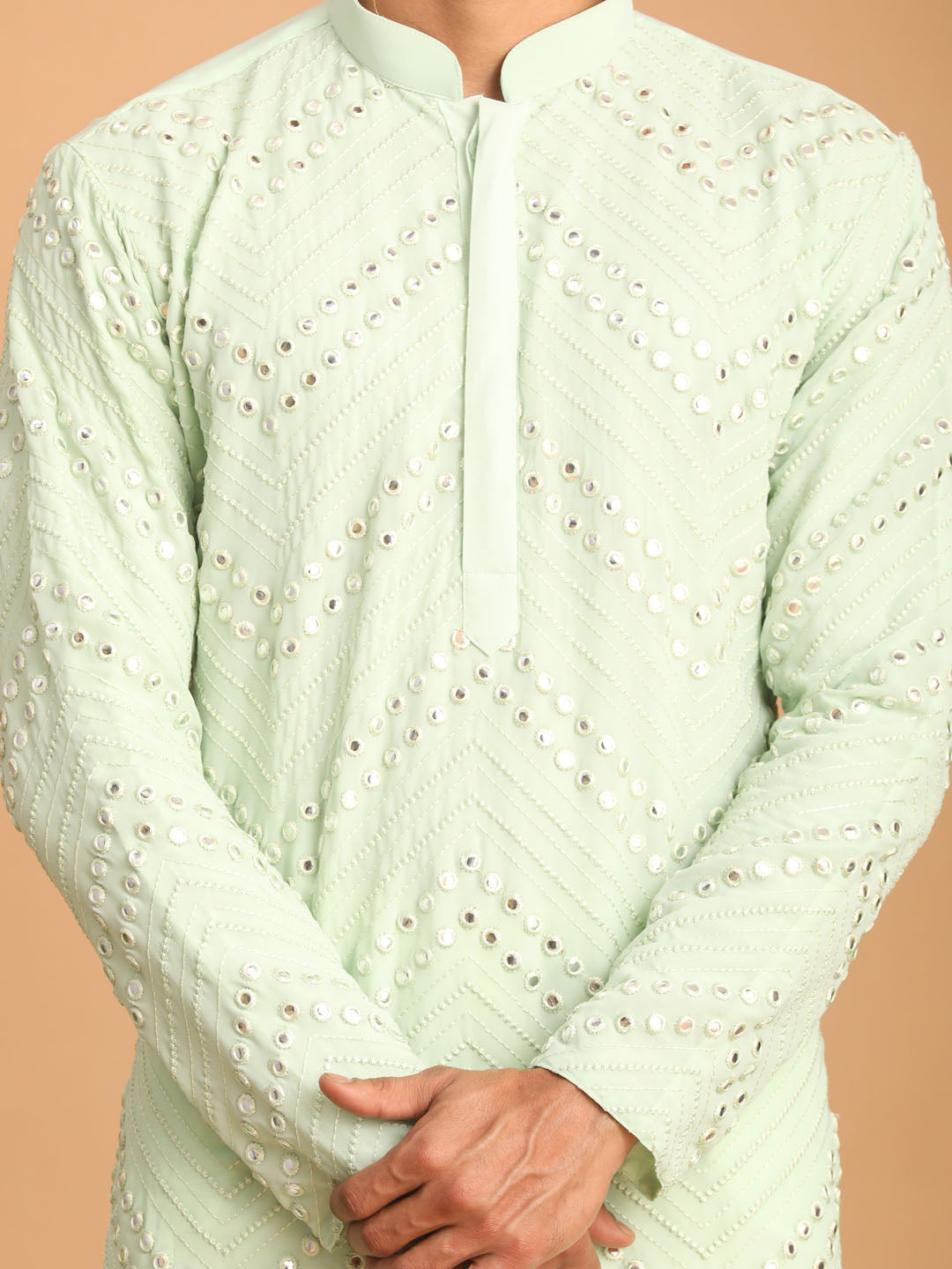 Men's Mint green And Cream Georgette Kurta Pyjama Set