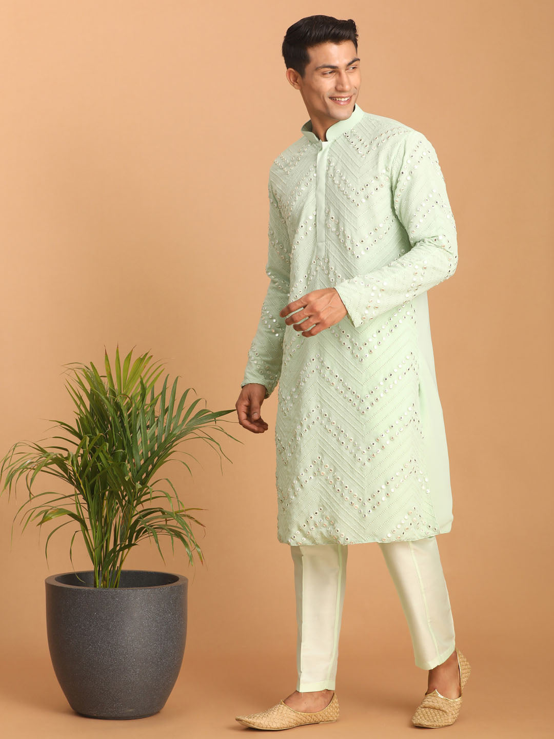 Men's Mint green Georgette Kurta Pyjama Set