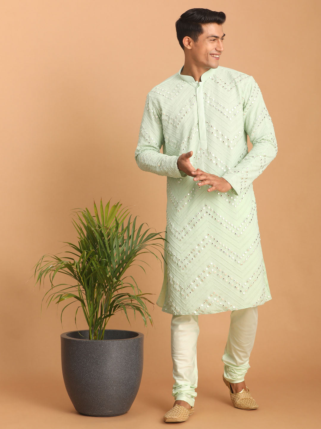 Men's Mint Green Georgette Kurta Pyjama Set