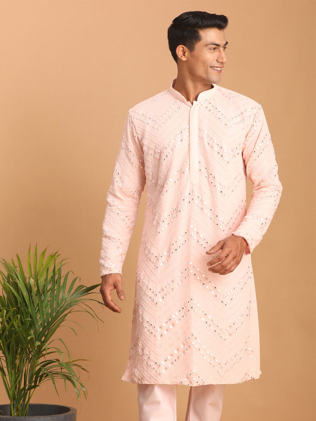 Men's Pink Georgette Kurta Pyjama Set