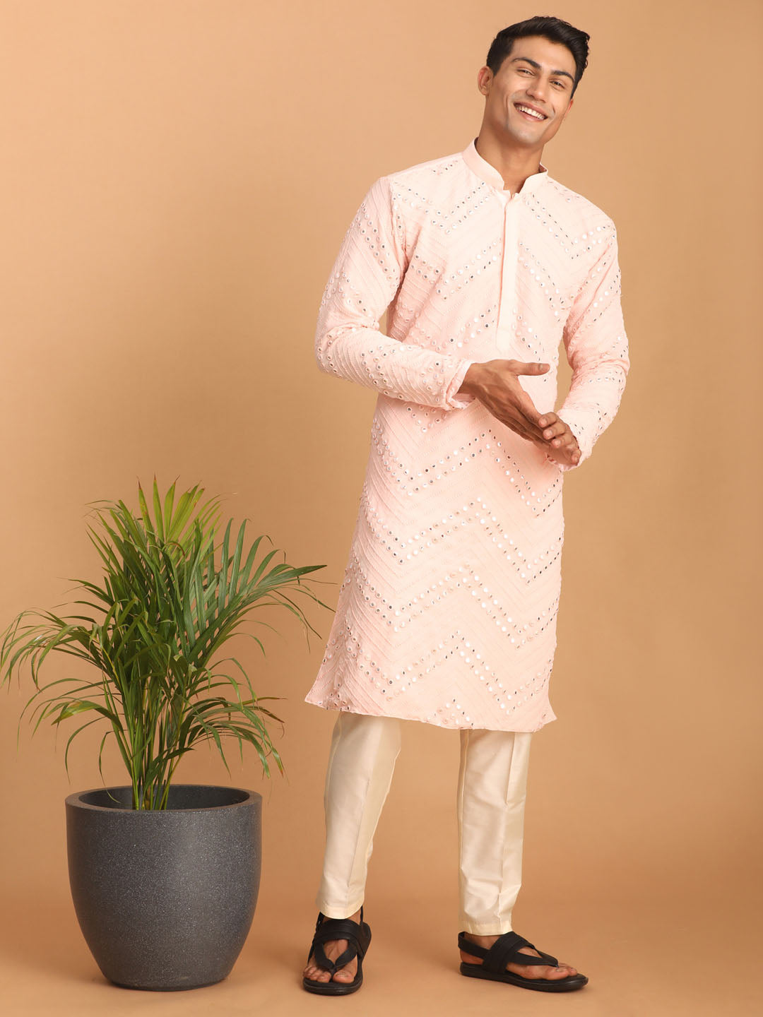 Men's Pink And Cream Georgette Kurta Pyjama Set