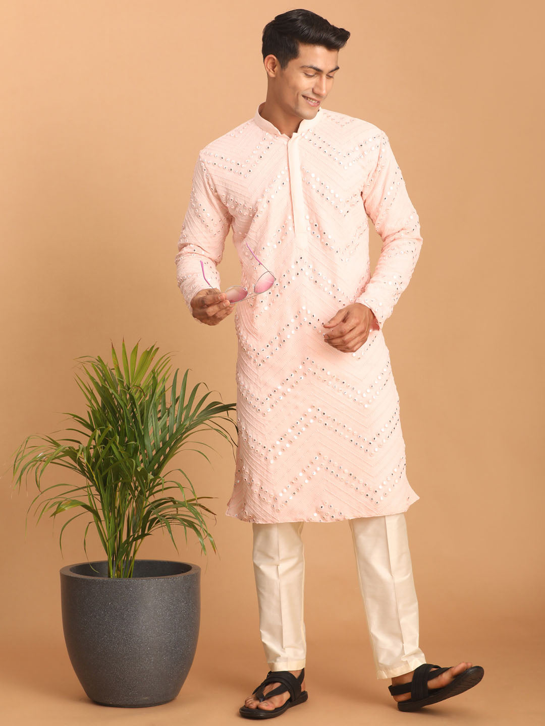 Men's Pink And Cream Georgette Kurta Pyjama Set