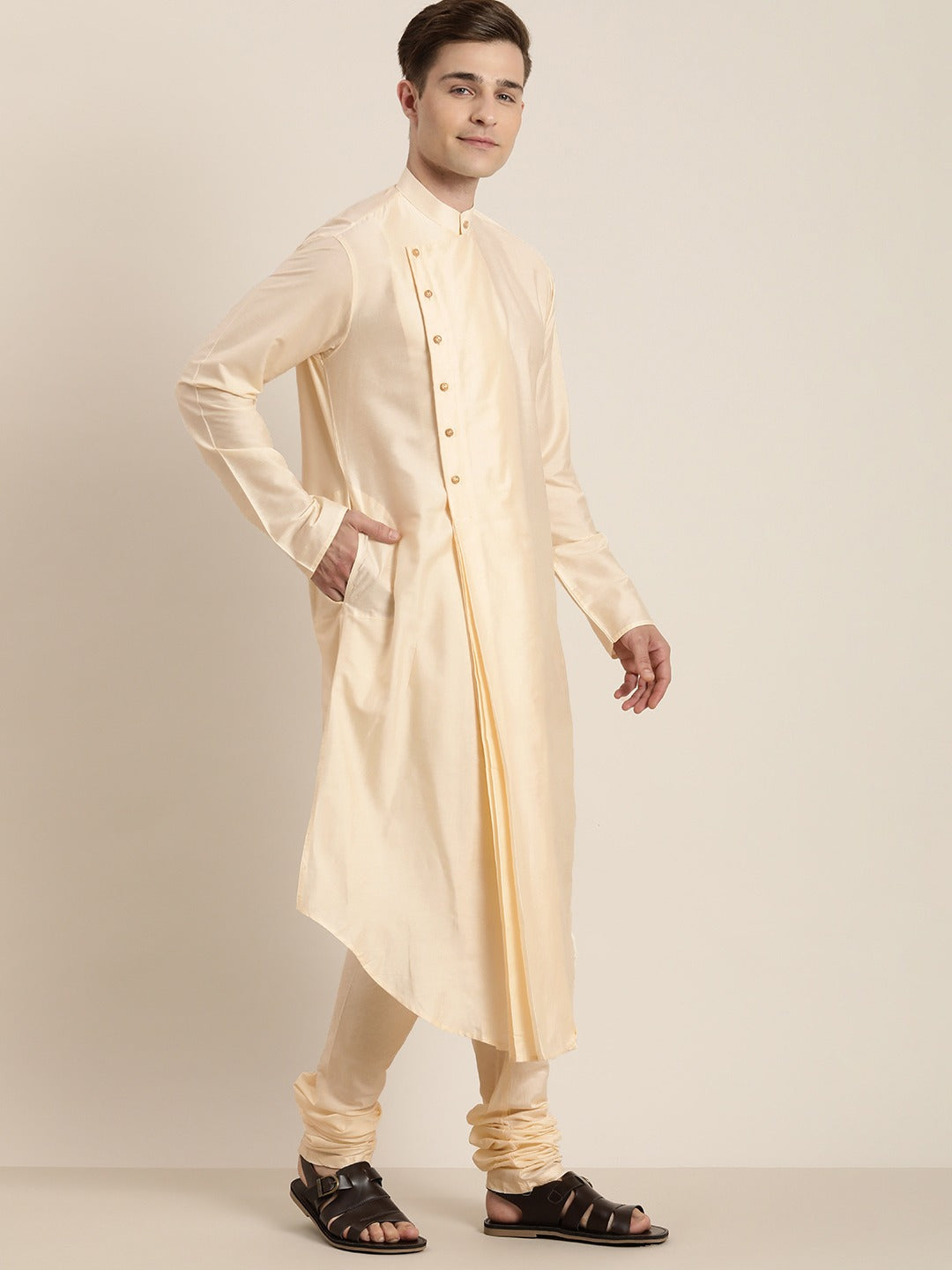 Men's Cream Viscose Blend Kurta Pyjama Set