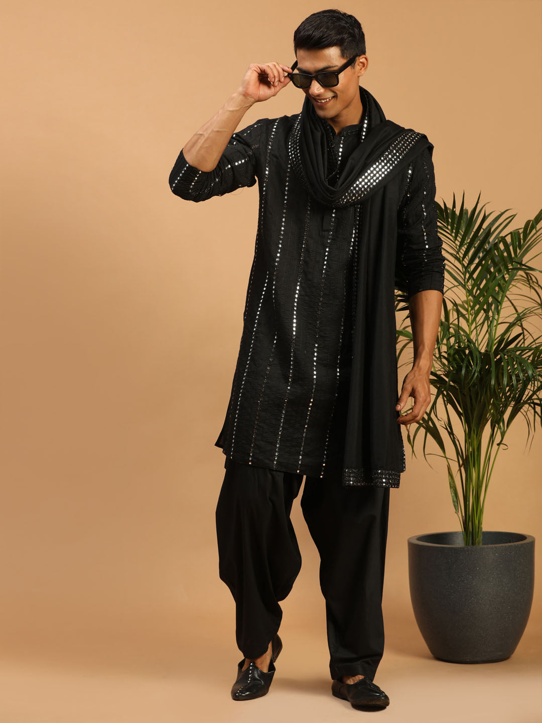 Men's Black Viscose Kurta and Patiala Set