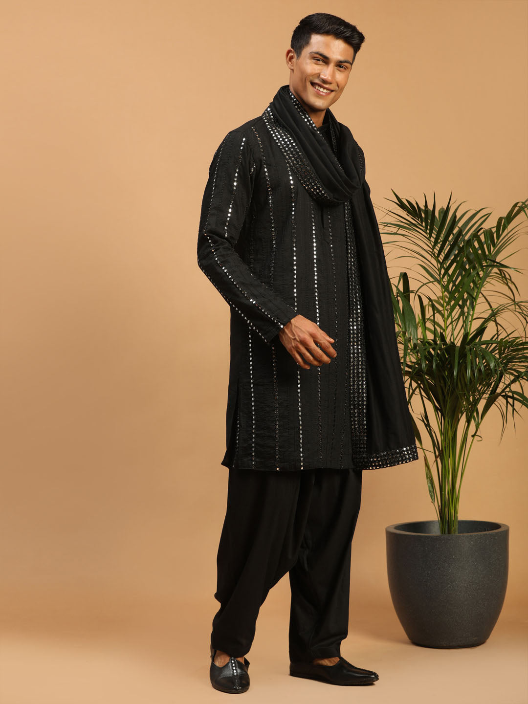 Men's Black Viscose Kurta and Patiala Set