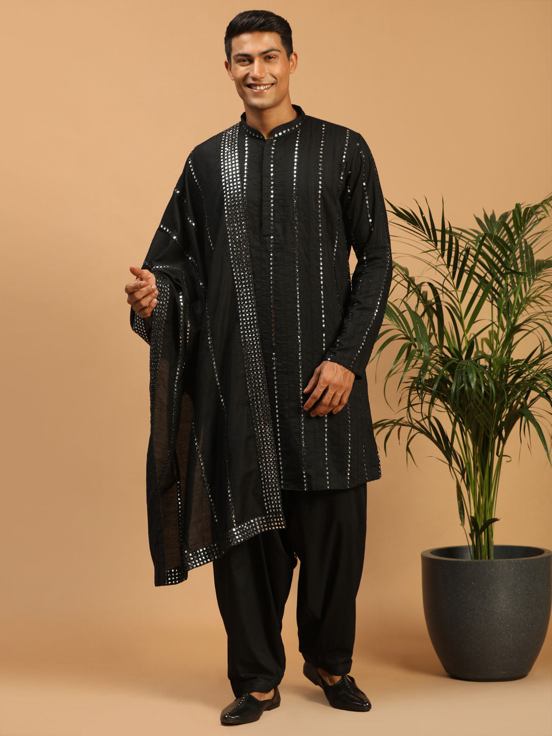 Men's Black Viscose Kurta and Patiala Set