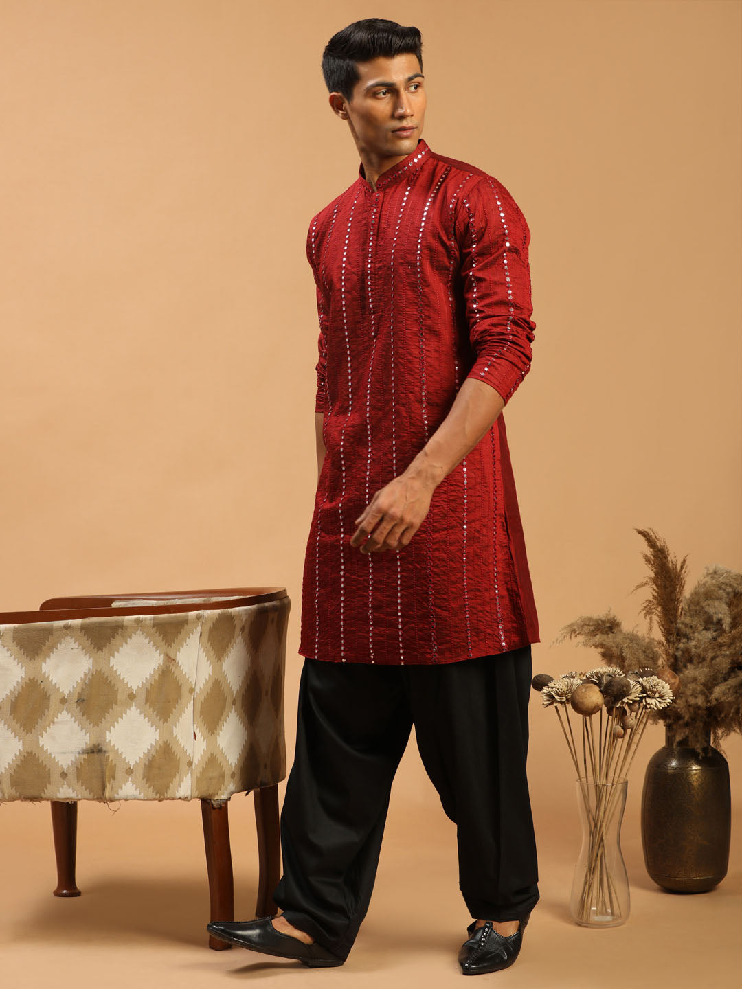 Men's Maroon And Black Viscose Kurta and Patiala Set