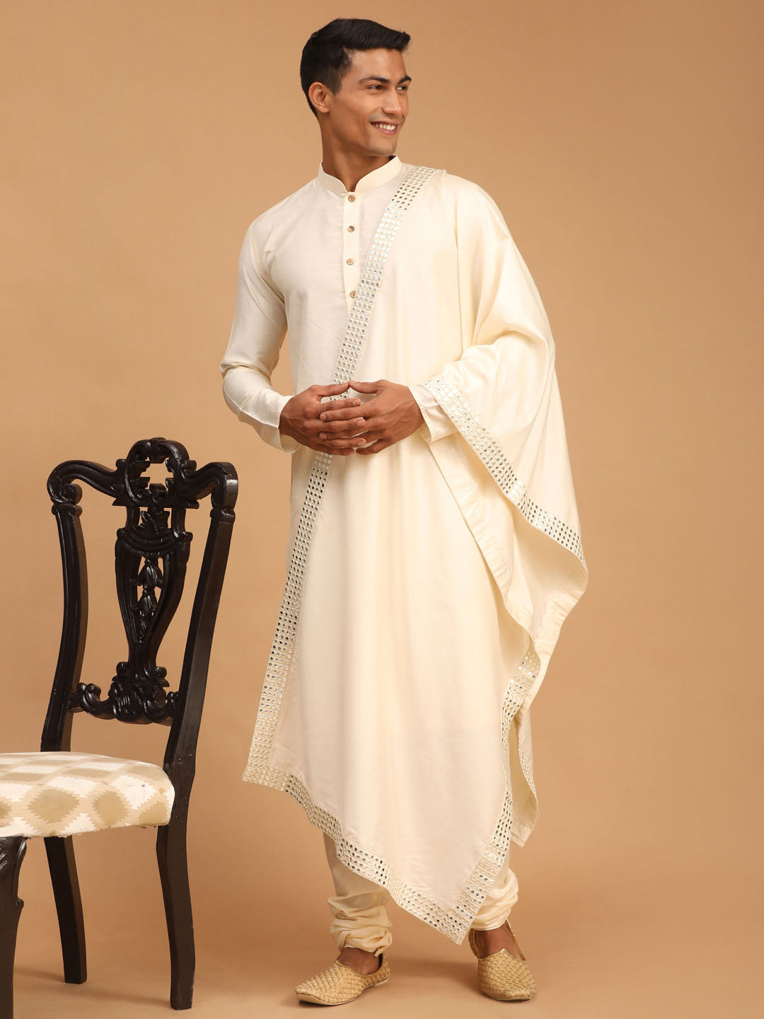 Men's Cream Viscose Kurta, Pyjama & Dupatta Set