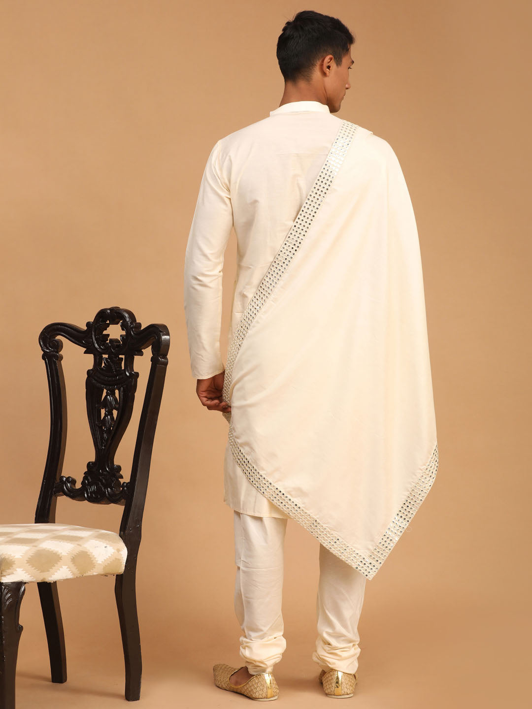 Men's Cream Viscose Kurta, Pyjama & Dupatta Set