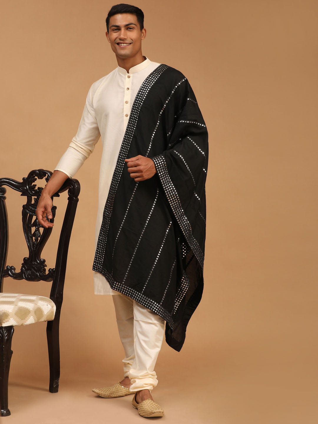 Men's Cream Viscose Kurta, Pyjama & Dupatta Set