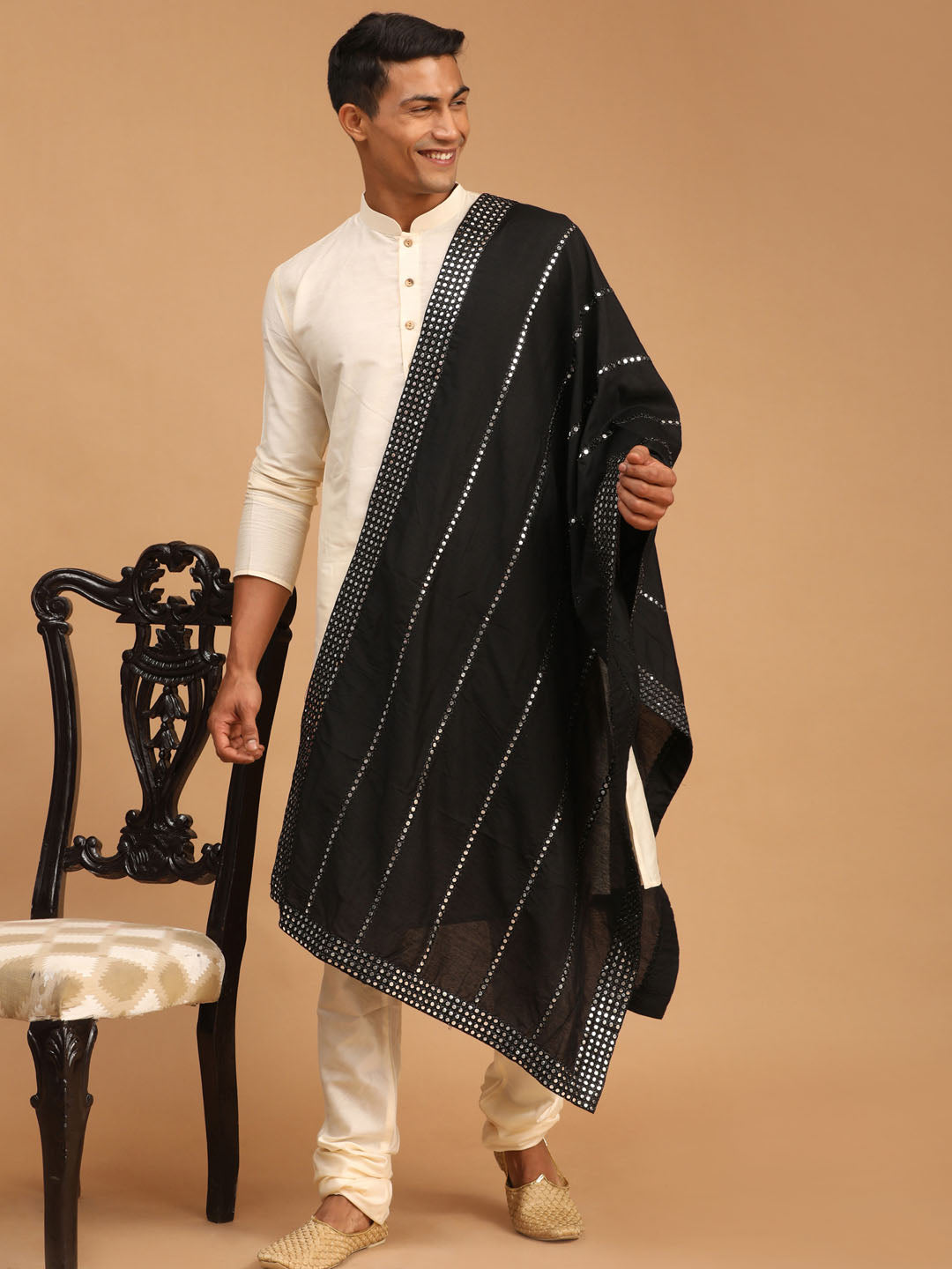 Men's Cream Viscose Kurta, Pyjama & Dupatta Set