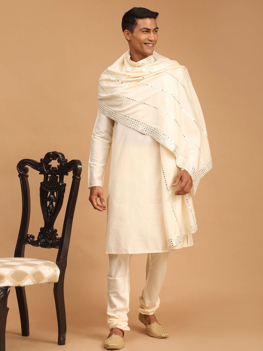 Men's Cream Viscose Kurta, Pyjama & Dupatta Set