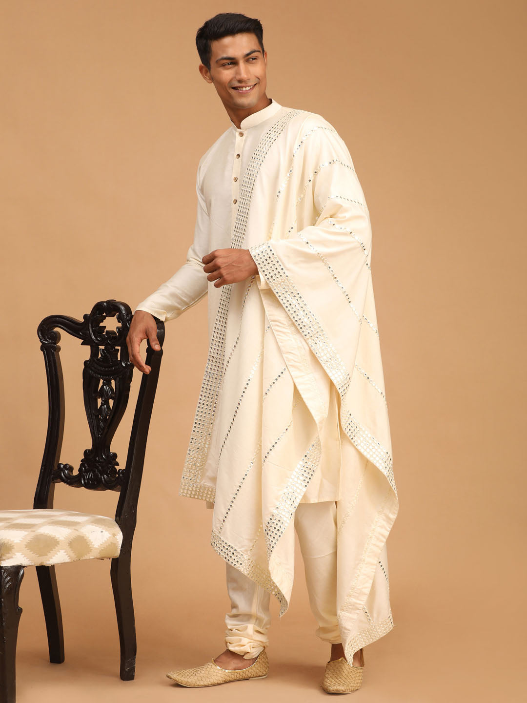 Men's Cream Viscose Kurta, Pyjama & Dupatta Set