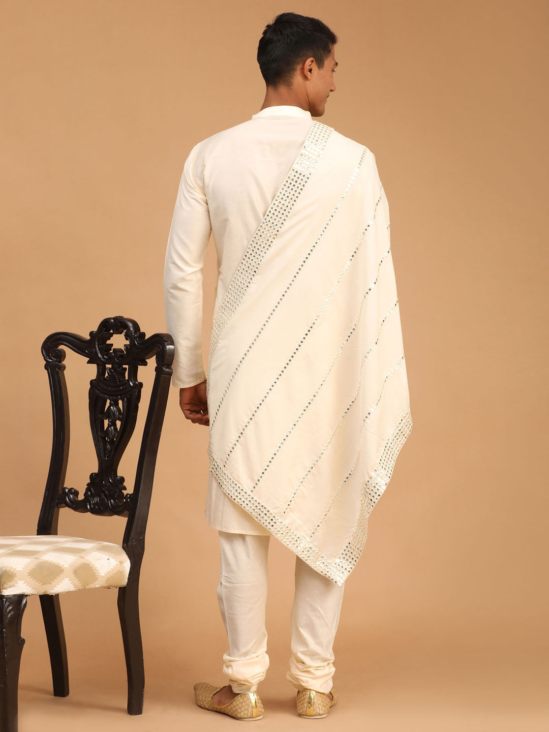 Men's Cream Viscose Kurta, Pyjama & Dupatta Set