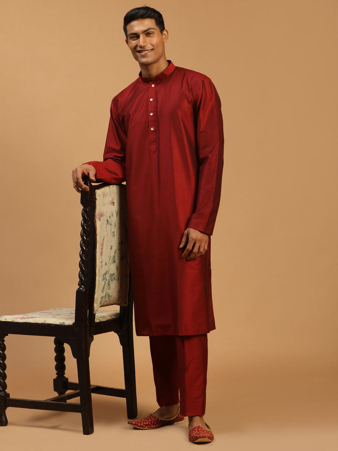 Men's Maroon Viscose Kurta Pyjama Set