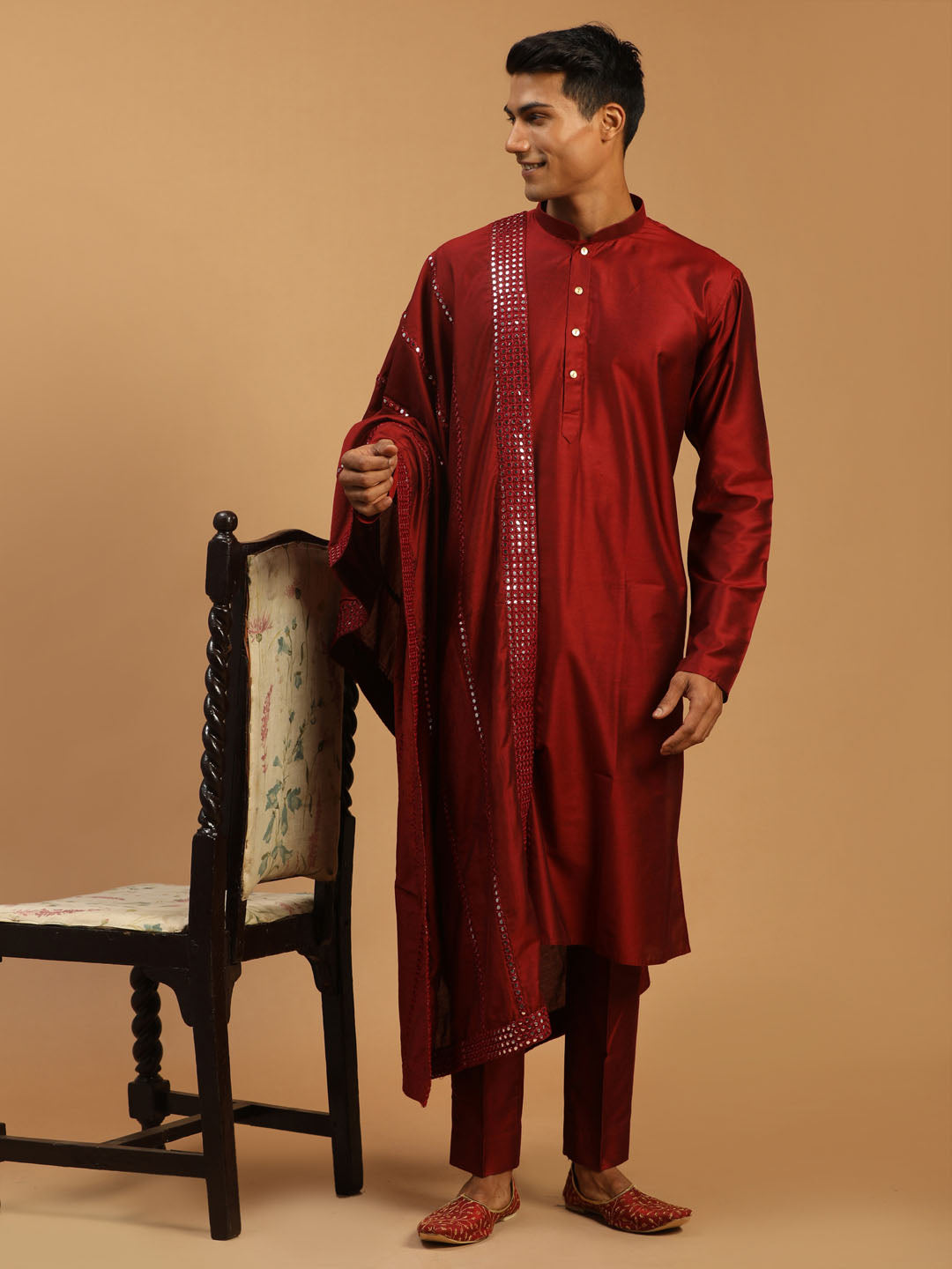 Men's Maroon Viscose Kurta, Pyjama & Dupatta Set