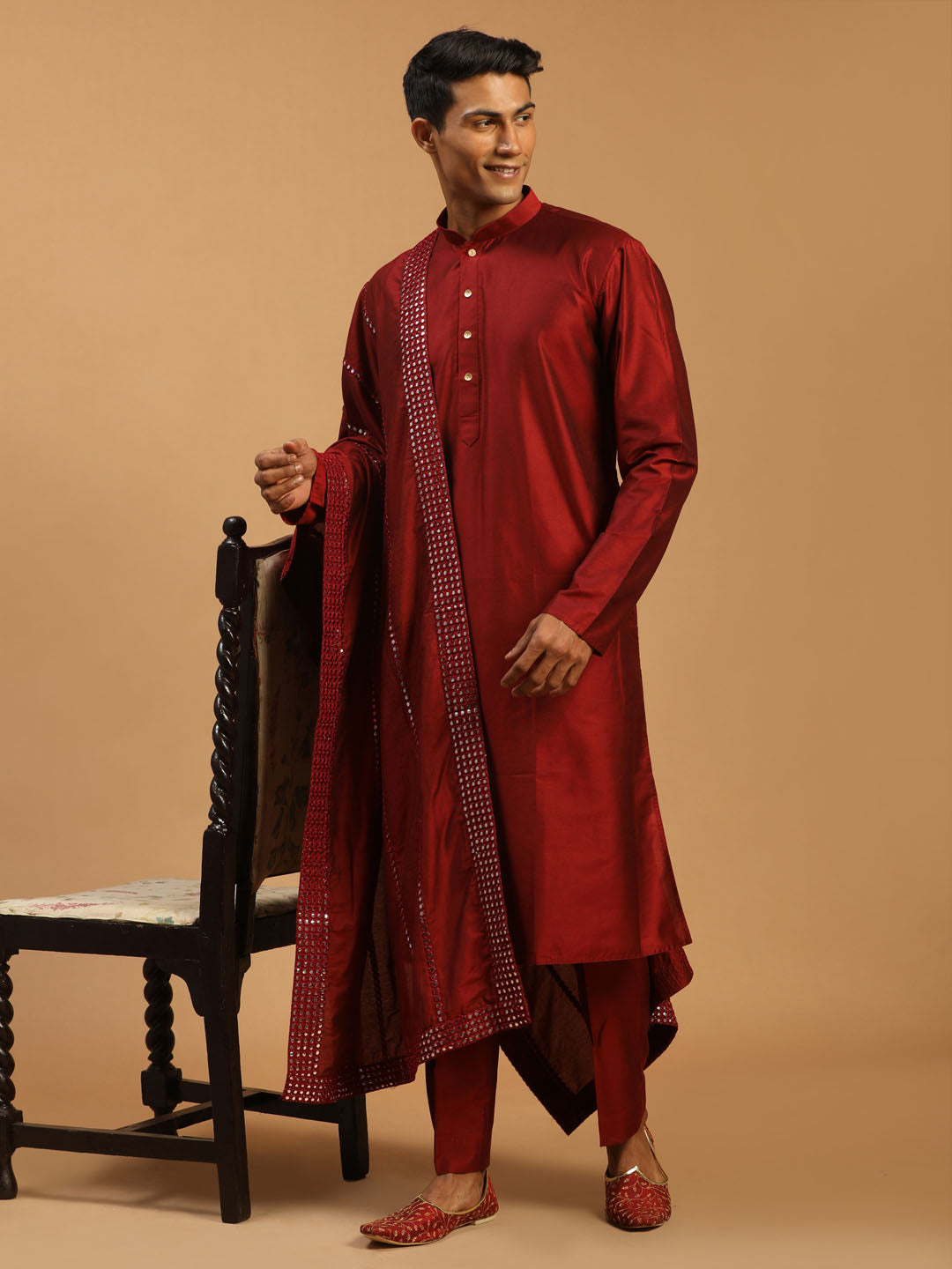 Men's Maroon Viscose Kurta, Pyjama & Dupatta Set