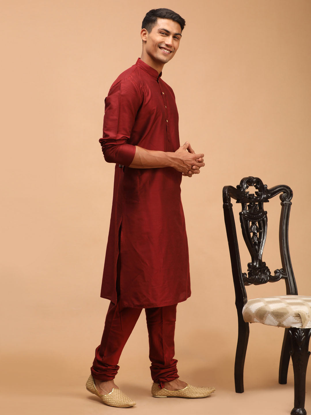 Men's Maroon Viscose Kurta Pyjama Set