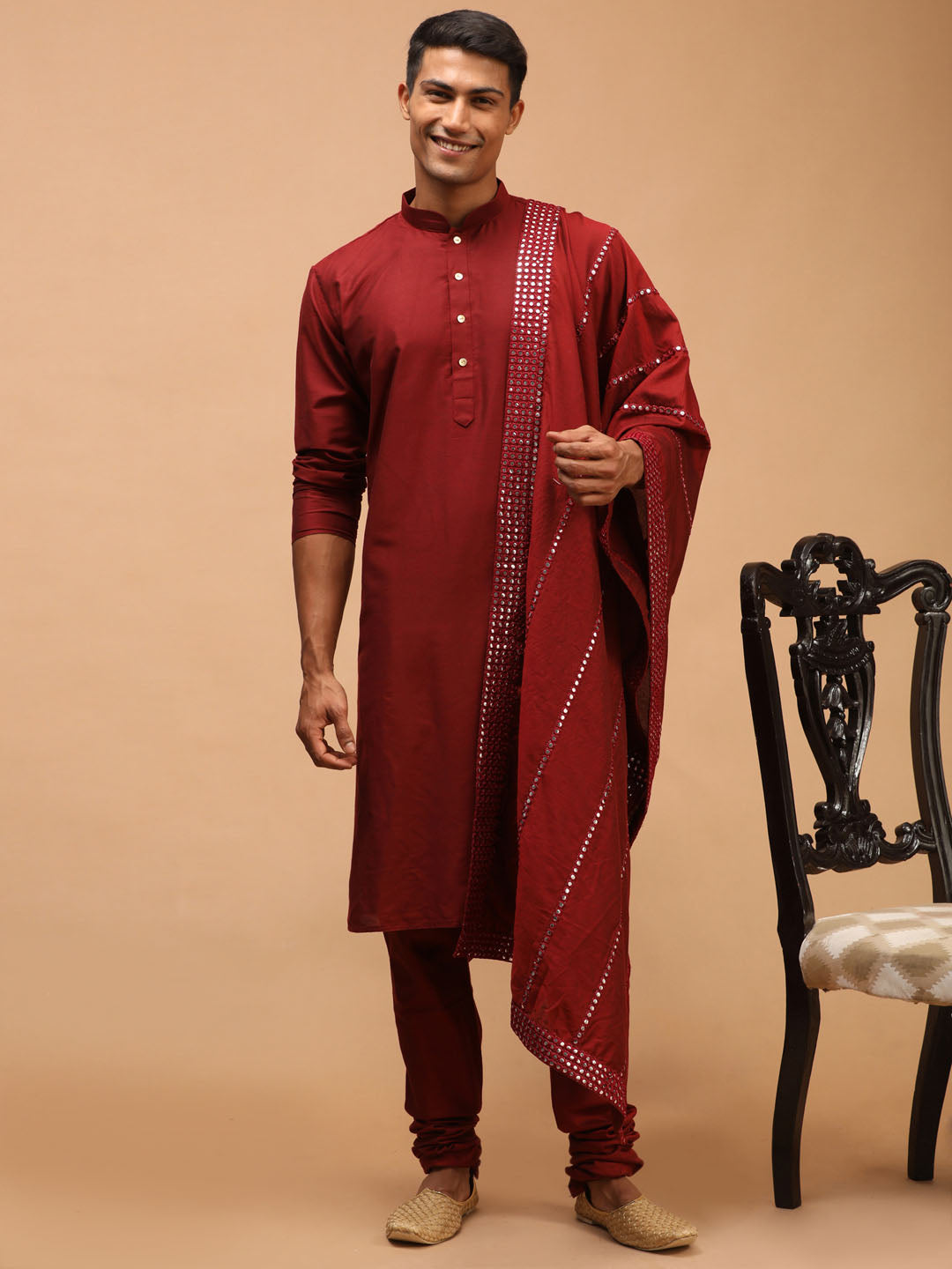 Men's Maroon Viscose Kurta, Pyjama & Dupatta Set